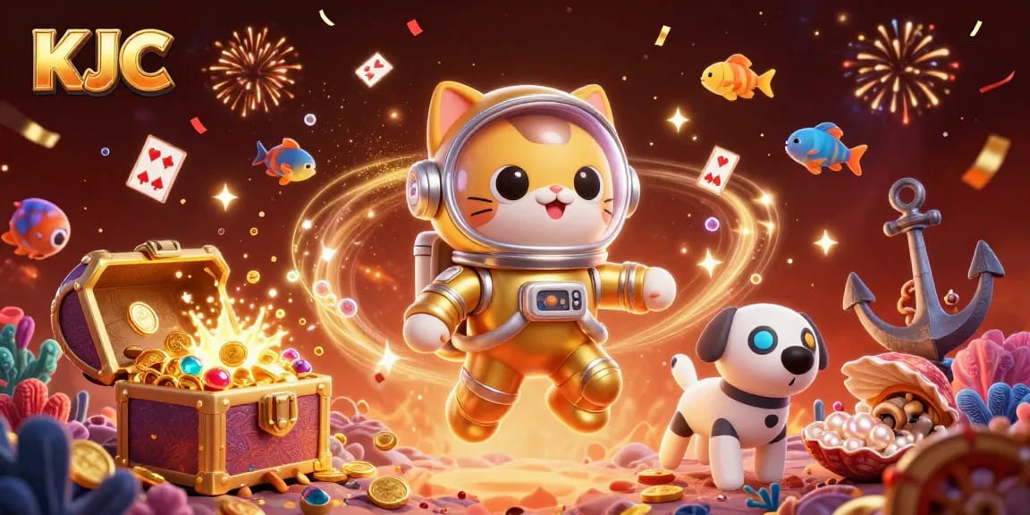 KJC's vibrant 3D illustration showcases a cat astronaut with rocket dog amidst casino-themed underwater treasures.