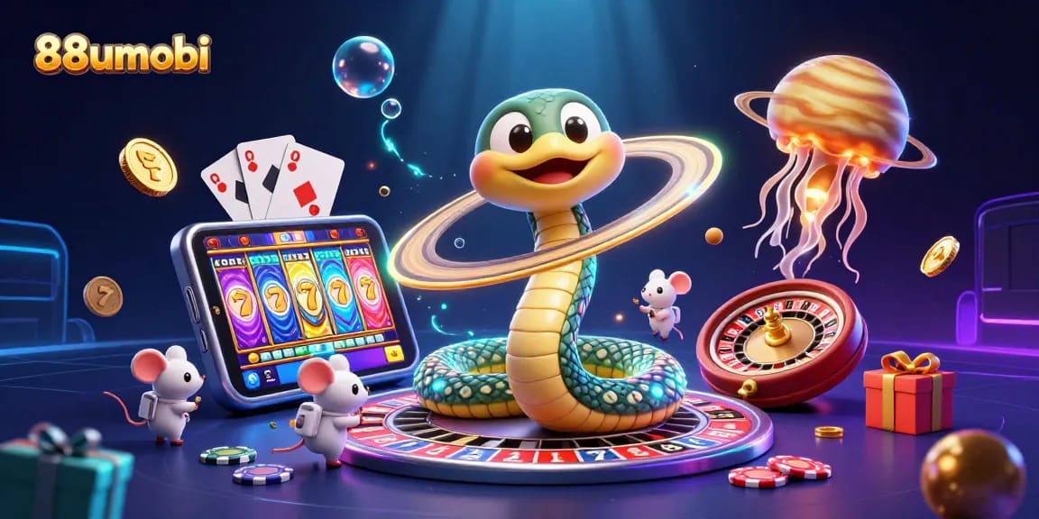 Experience thrilling gameplay with 88uumobi as the Saturn ring snake and astronaut mice spin to win in a cosmic casino.