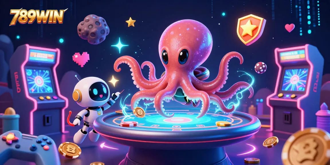 Engage with the thrilling casino adventures at 789WIN with an alien octopus hosting a captivating poker table.