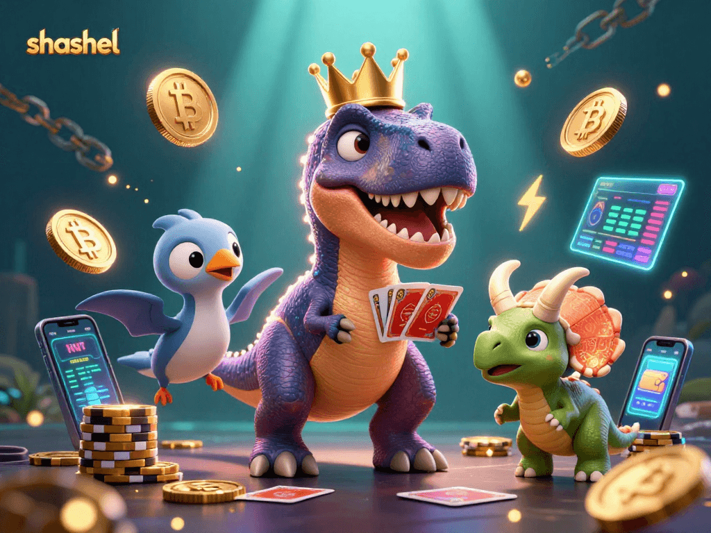 Engage with shashel's unique gambling ambiance featuring a T-Rex and vibrant casino elements.