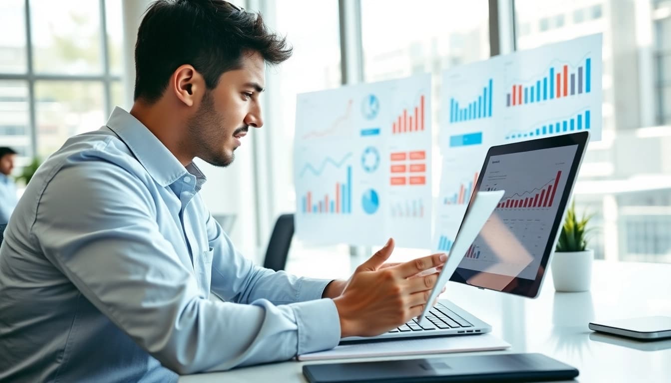 Digital Marketing Specialist analyzing marketing data in a vibrant office environment.