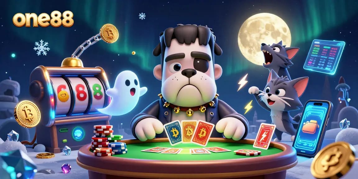 Experience the dynamic thrill of one88 with a lively 3D casino scene featuring playful characters.