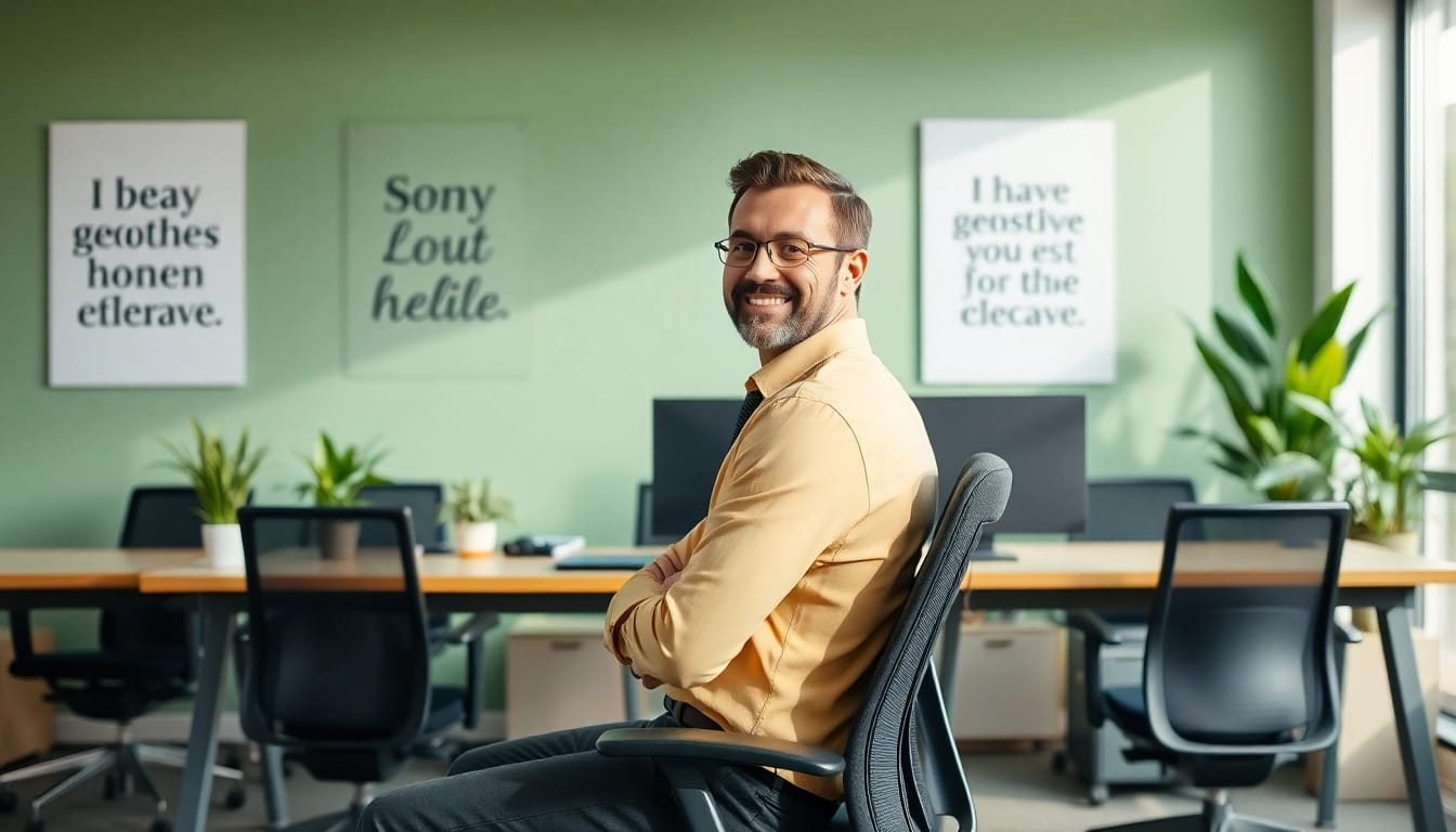 Demonstrating how to improve posture at a modern workstation with proper alignment.