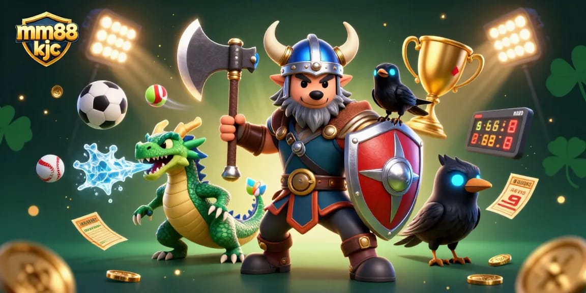 Join the action at mm88 kjc, showcasing a Viking wolf warrior, dragon, and raven amid dynamic gaming elements.