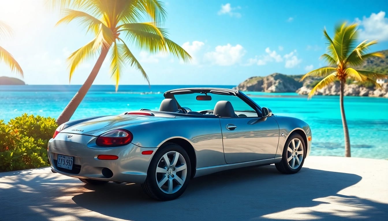 Experience the best car rental st barts with a convertible by the beach, capturing the island's beauty.