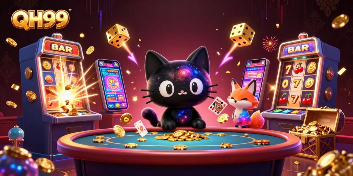Join the excitement at QH99 with a cosmic casino scene featuring vibrant characters and thrilling games.