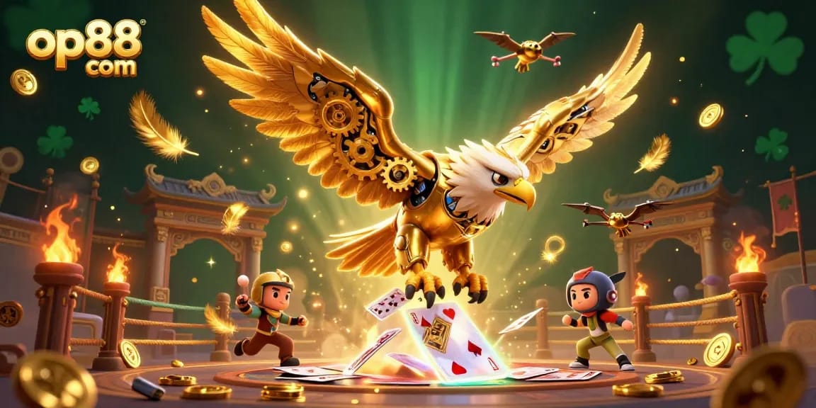 Experience vibrant gaming action at op88 com with this dynamic 3D digital illustration showcasing a cybernetic eagle amidst a cascade of playing cards.