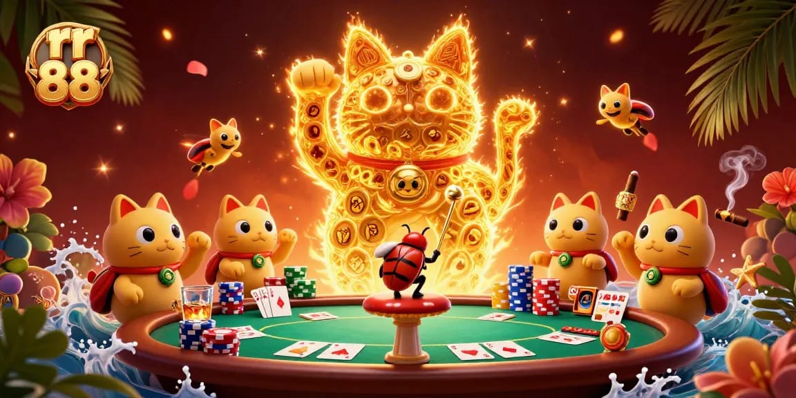 Play and win with rr 88's vibrant casino-themed artwork featuring poker symbols and a lucky cat.