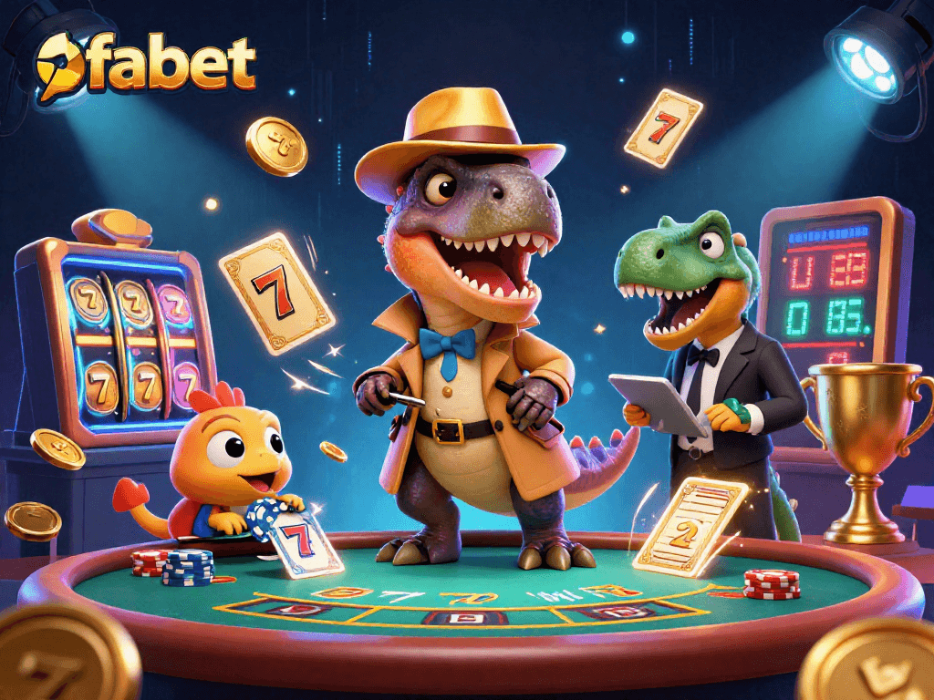 Watch the fabet velociraptor card counter stealthily at the blackjack table with casino elements swirling around.
