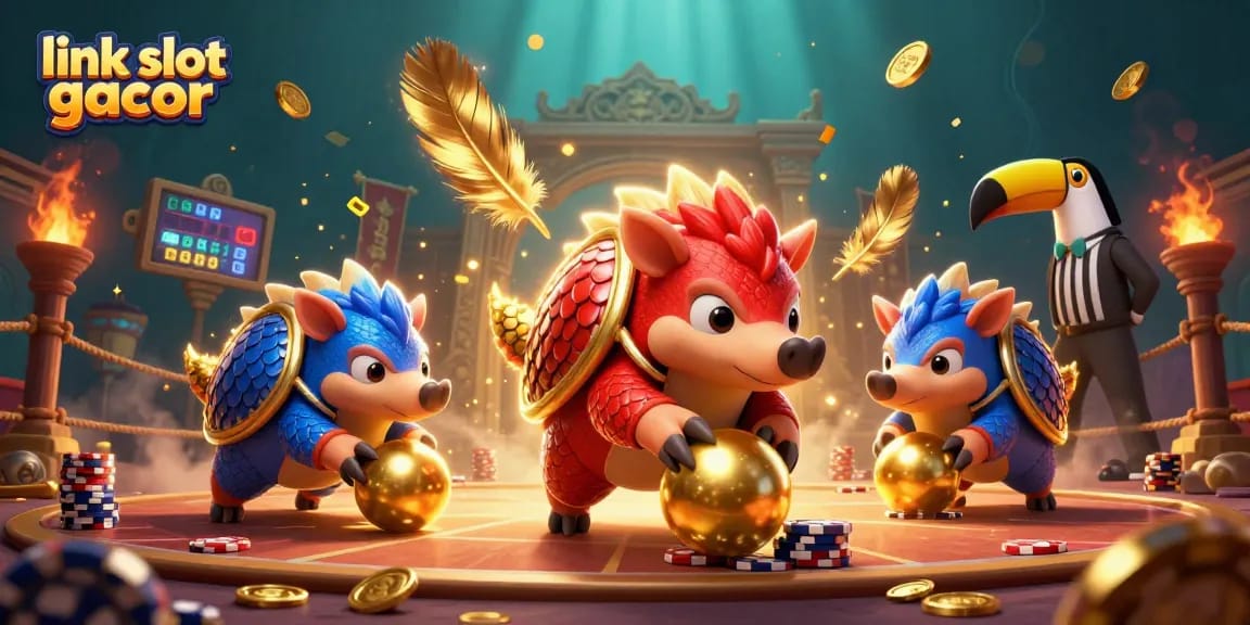 Menghadirkan link slot gacor dengan pangolins berpakaian pelindung berwarna cerah, berinteraksi di arena yang megah.