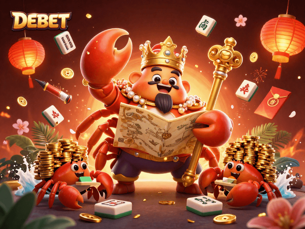 Experience thrilling moments with DEBET's golden crab emperor in a vibrant casino world.