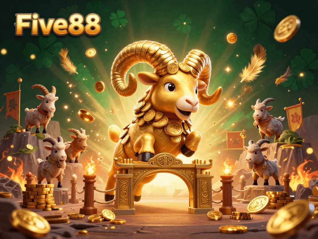 Experience the thrill of Five88 with an epic 3D illustration featuring a golden ram charging through a vibrant casino atmosphere.
