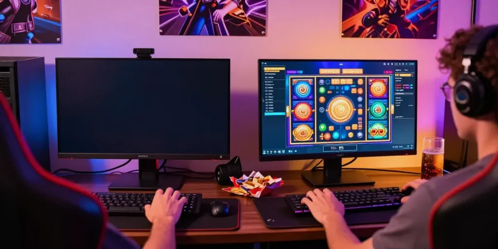 Online gaming enthusiast enjoying situs slot gacor experience with vibrant graphics and snacks.