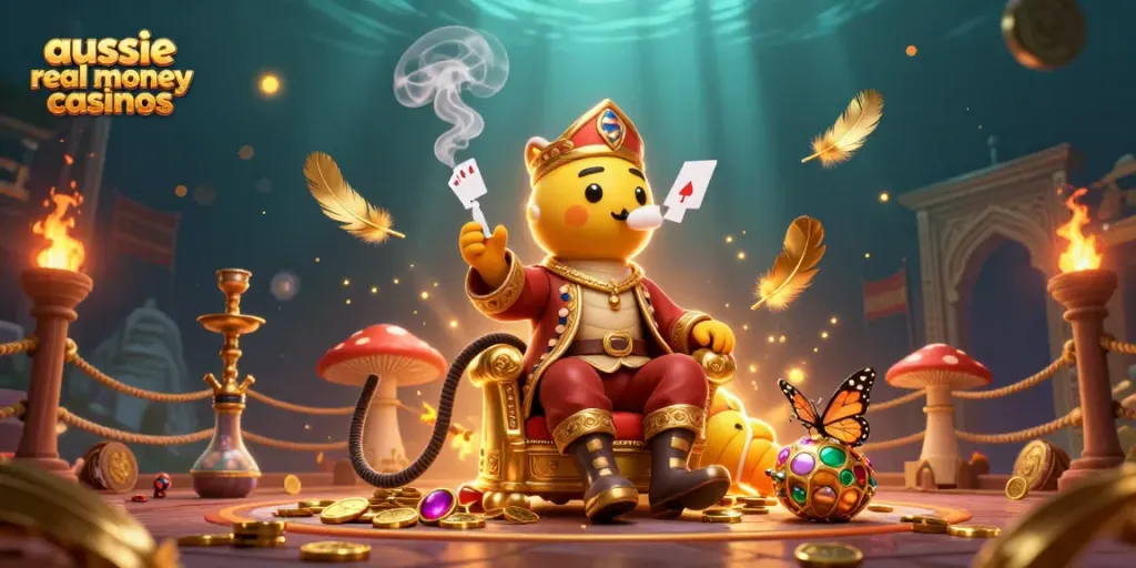 A vibrant scene depicting "aussie real money casinos", featuring a whimsical caterpillar, poker symbols, and casino elements