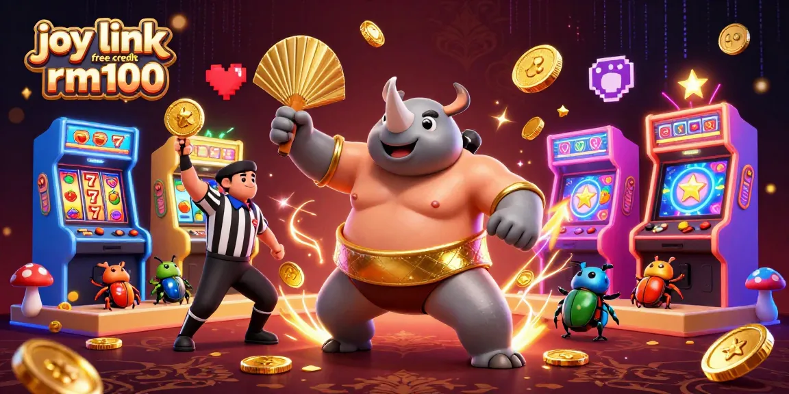 Engage in gaming with joy link free credit rm100, featuring a sumo champion and vibrant slot machines.