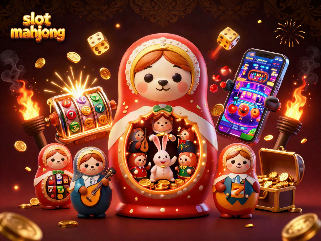 Engage with slot mahjong action featuring a Matryoshka bear and casino elements bursting with excitement.