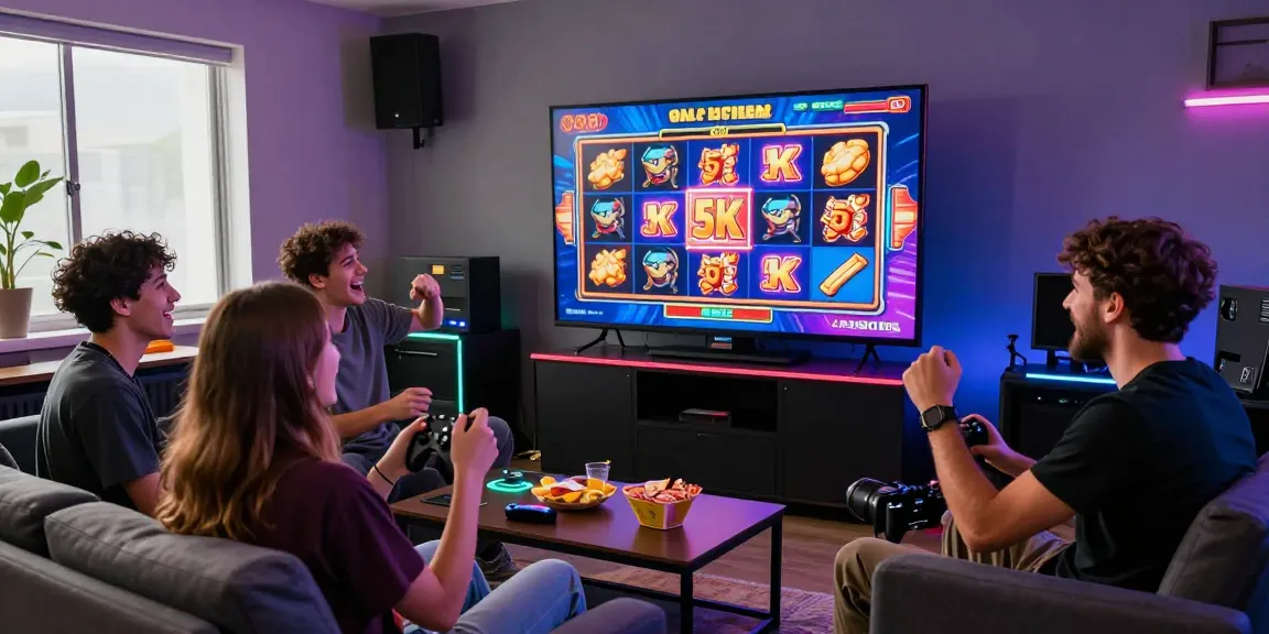 Group enjoying a thrilling slot qris 5k game in a vibrant gaming room with colorful lights and snacks.