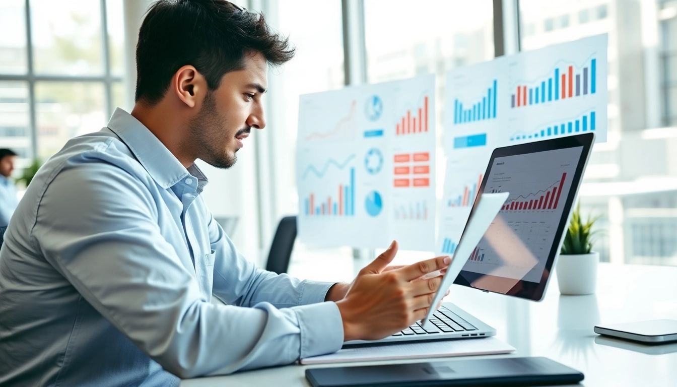 Digital Marketing Specialist analyzing marketing data in a vibrant office environment.