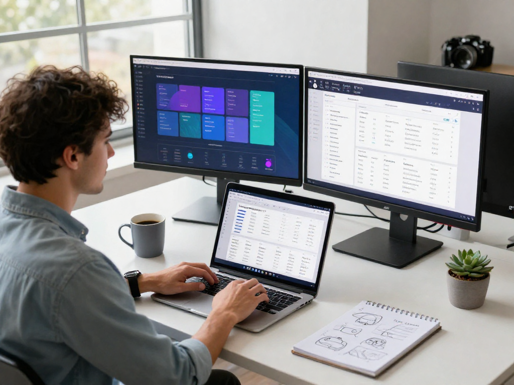 Buy iOS installs: App developer analyzing statistics in modern workspace with dual monitors and coffee.