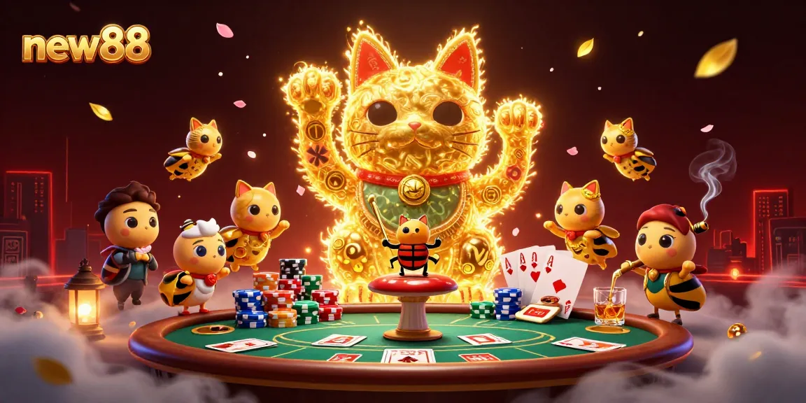 Engage in thrilling moments at new88 with a vibrant scene of casino excitement illustrated in 3D.