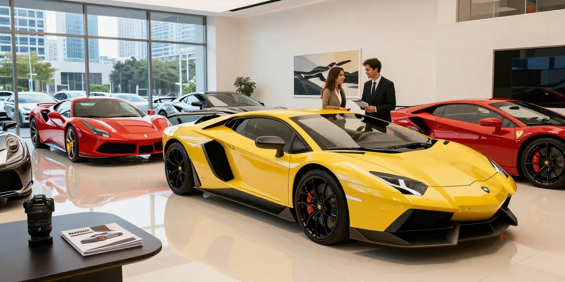 Pengalaman sewa mobil mewah LUXURY 777 di showroom stylish dengan pasangan yang memeriksa kendaraan premium.