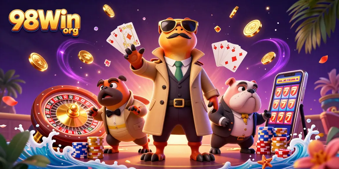 Engage with big wins on 98Win org as funny raptors enter a casino while sparkling gems fly around.