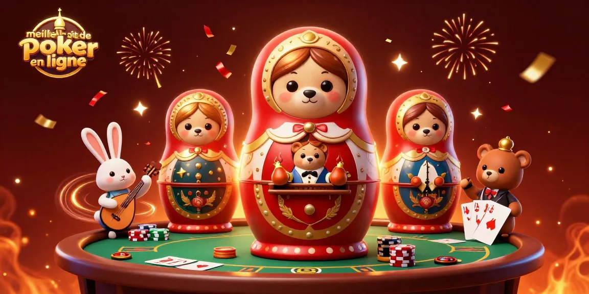 Découvrez le meilleur site de poker en ligne avec des ours de matriochka jouant aux cartes entourés d'effets festifs.