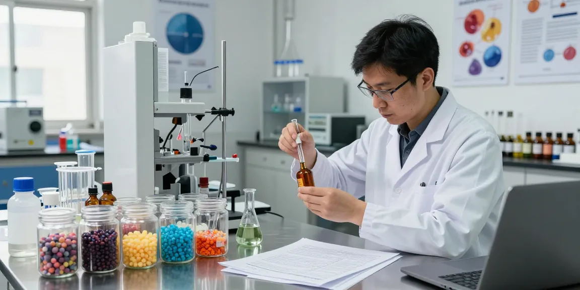 Fragrance Beads Manufacturer lab scene with chemist mixing vibrant fragrance oils and beads, showcasing innovative scent formulation.