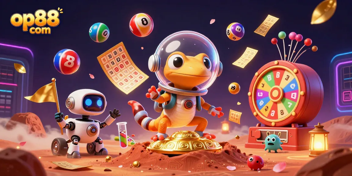 Experience the excitement at op88 com as a Martian gecko uncovers a golden casino amidst dynamic gambling elements.