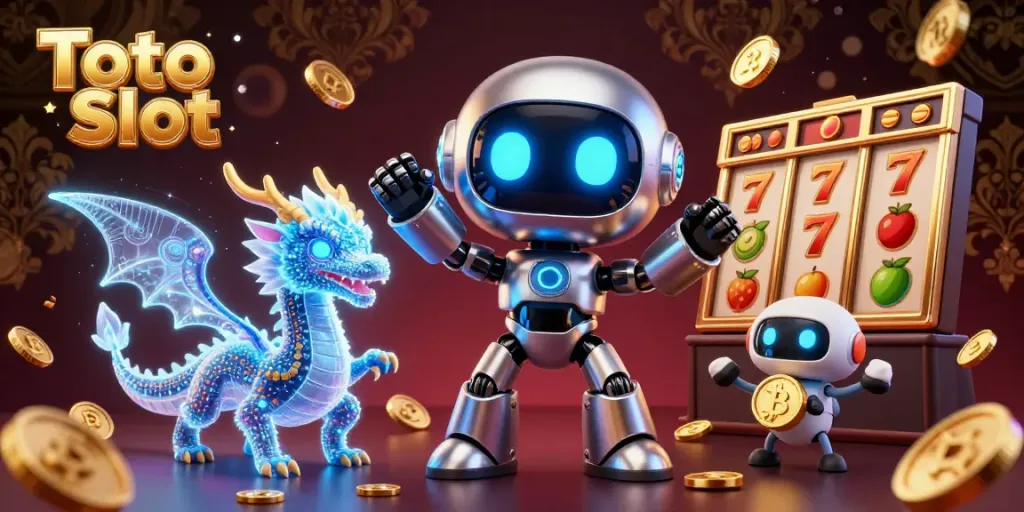 Menangkan dengan Toto Slot di kasino online, tampilkan kombinasi karakter robot futuristik dan elemen slot.