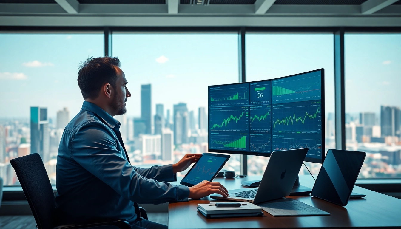 Engage in AI Investing through advanced analysis tools in a sleek office environment.