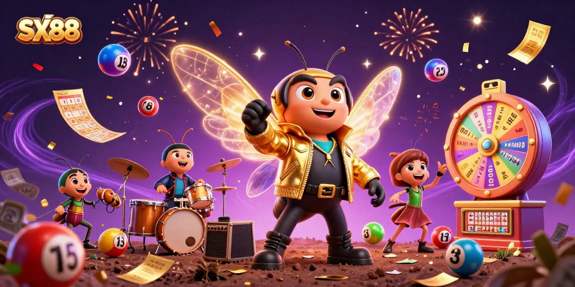 SX88 players experience exciting jackpots with a dynamic casino illustration featuring cartoon rock star characters and lottery elements.