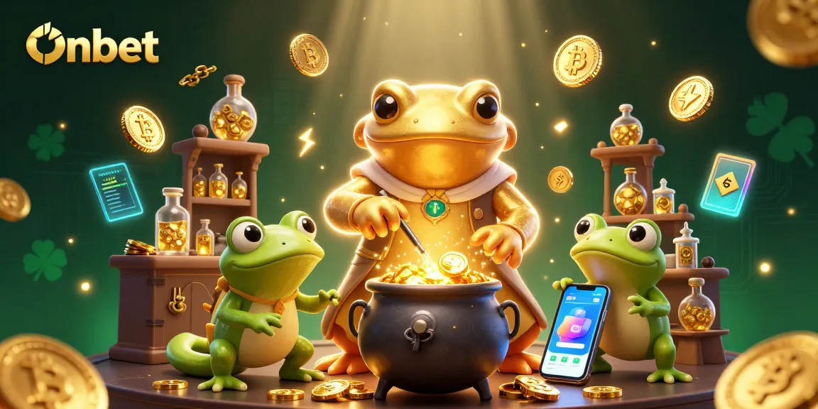 Onbet showcases a vibrant 3D casino scene with golden alchemists and crypto elements.