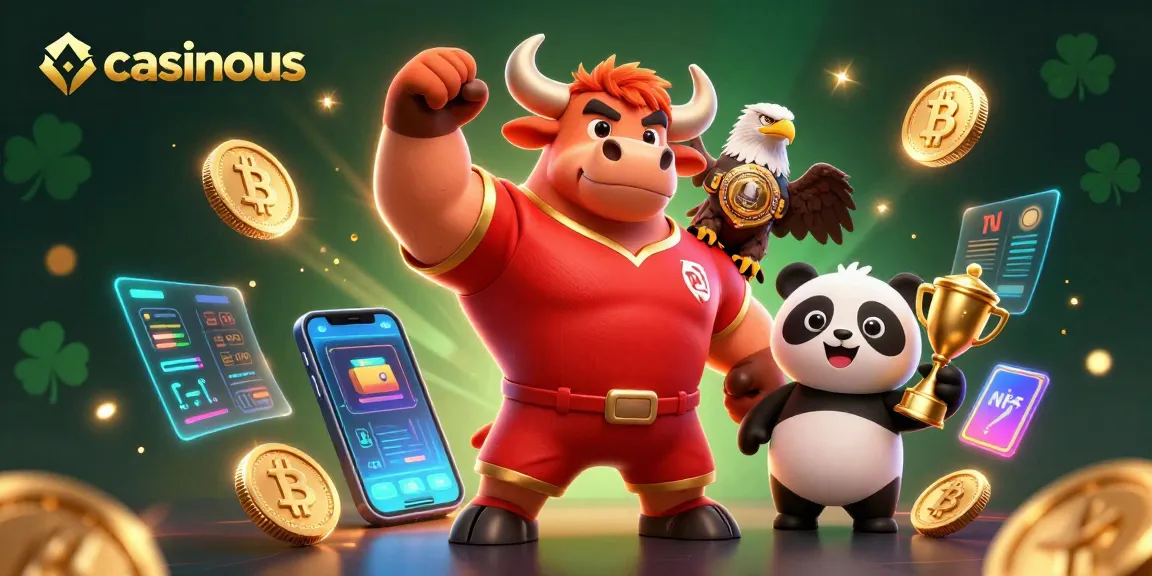 Join casinous for a lively 3D illustration showcasing a bull mascot and eagle amidst crypto coins!