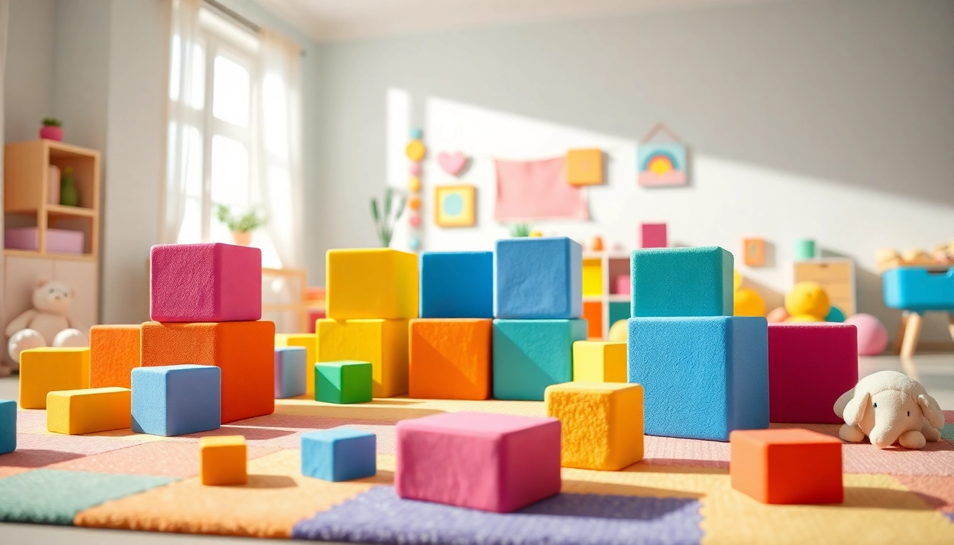 Engaging children with colorful soft foam building blocks; read more here for safe play ideas.