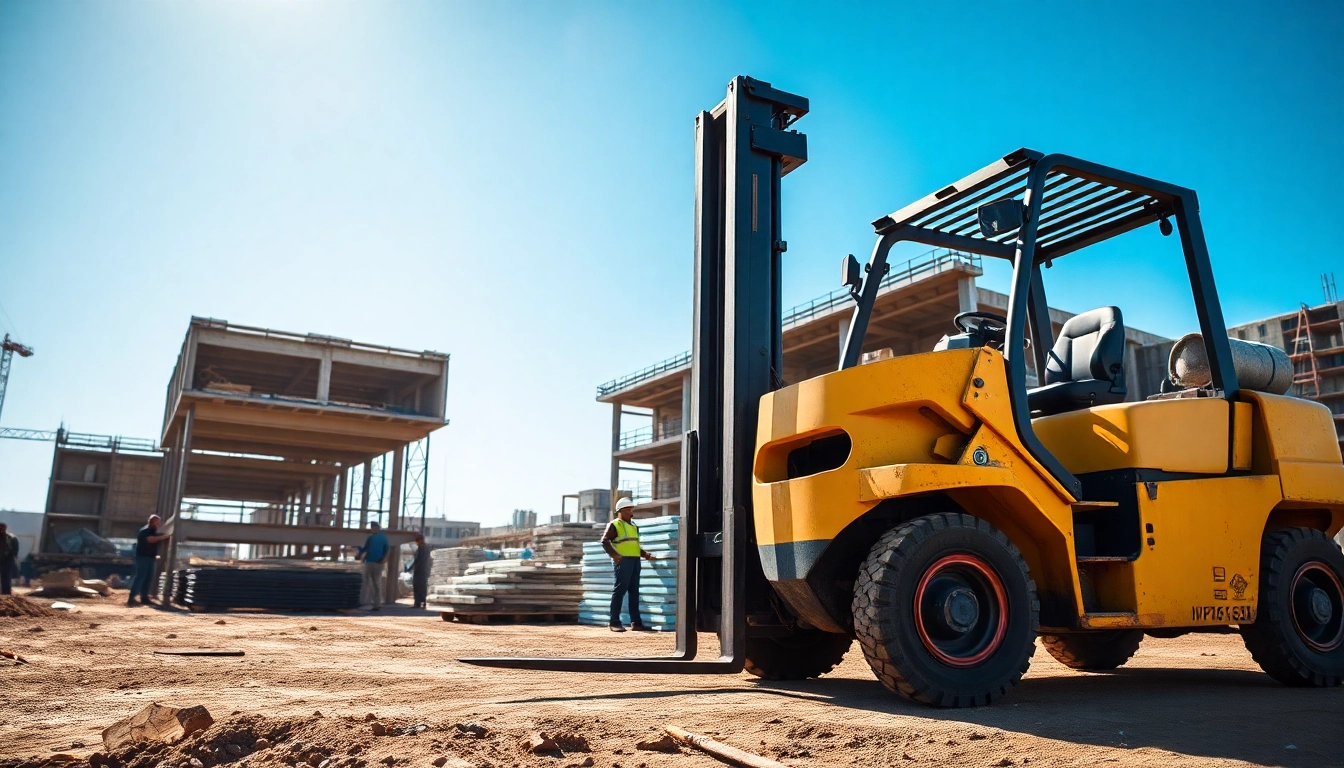 Efficient forklift lifting materials on a construction site, showcasing busy workers and dynamic activity.