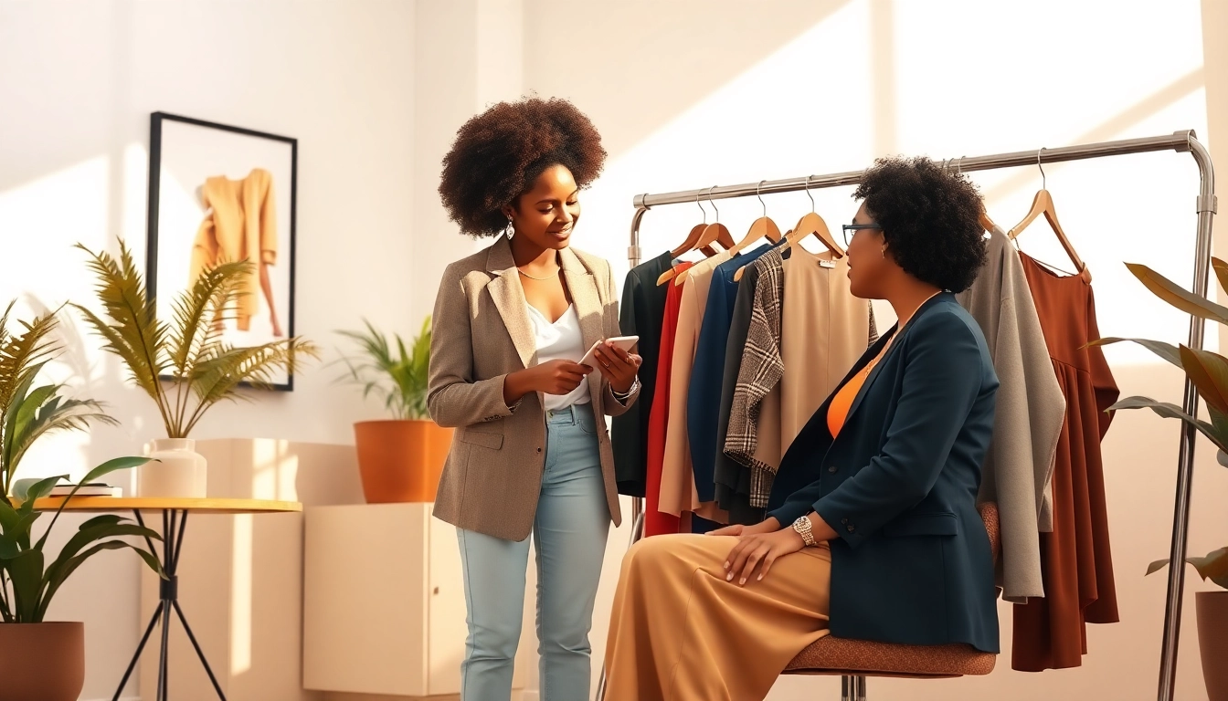 How to find my Perfect personal style in a professional consultation setting with clothing options displayed.