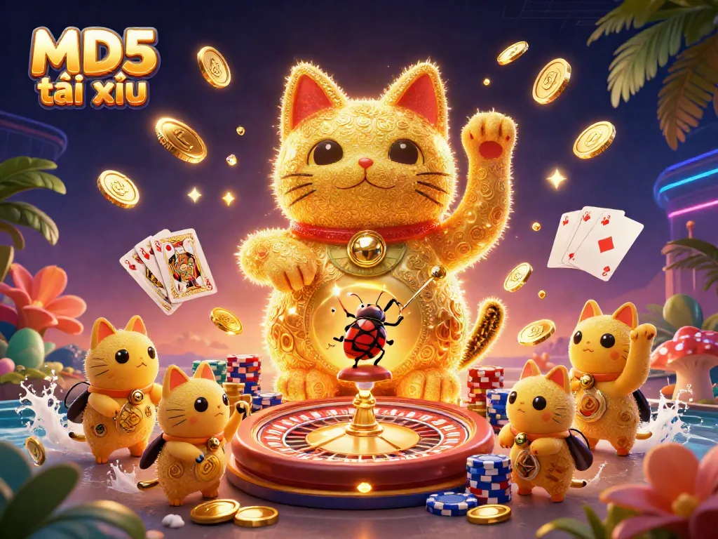 Experience the excitement of MD5 tài xỉu with a dynamic illustration of a lucky cat made of golden fireflies, surrounded by casino symbols.