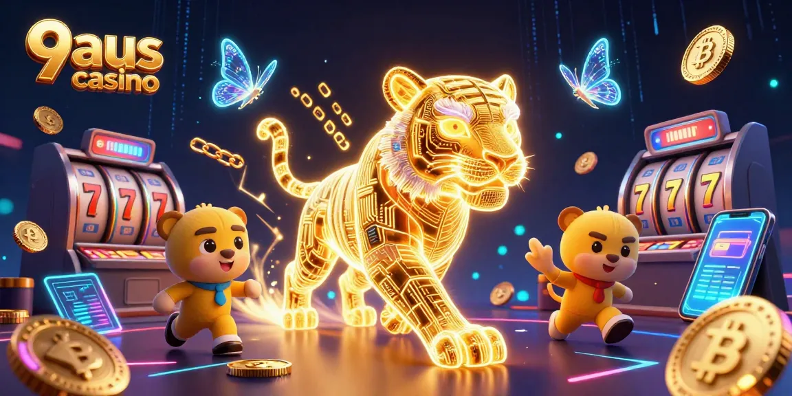 Engage with exhilarating gameplay at 9aus casino while witnessing the vibrant digital artwork showcasing neon characters and crypto elements.