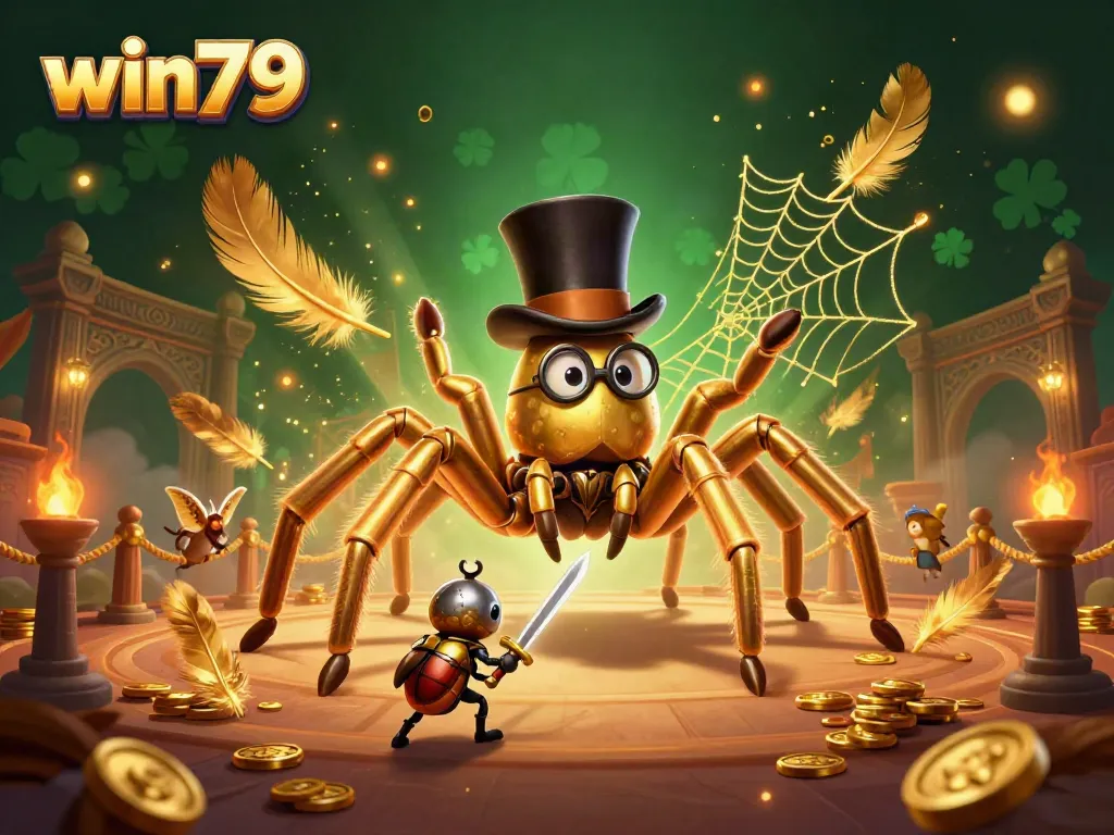 Engage with vibrant win79 casino atmosphere featuring a golden tarantula and knight in a dynamic scene