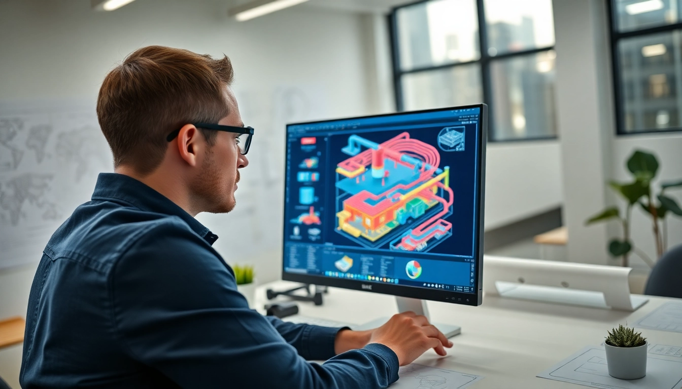 Engineer analyzing Plant 3D isometrics on a computer in a professional office.