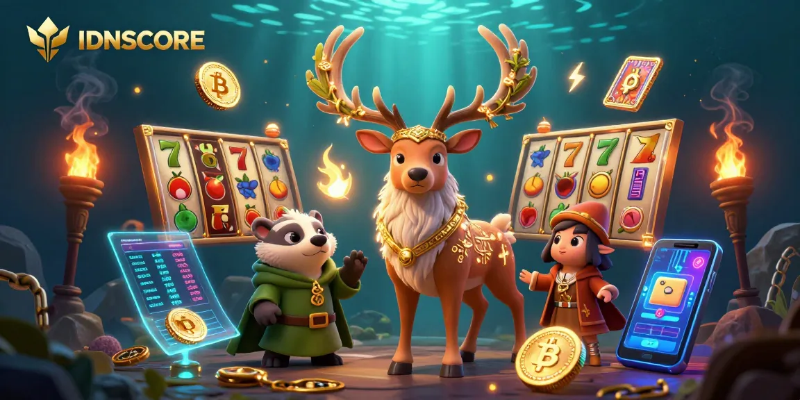 Spin and win exciting jackpots at IDNSCORE with vibrant slot reels and magical character illustrations.