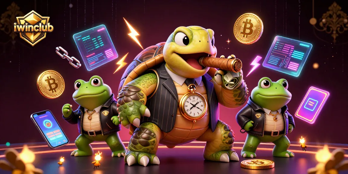 Spin to win at iwinclub with a snapping turtle and bullfrog enforcers in a vibrant casino setting.