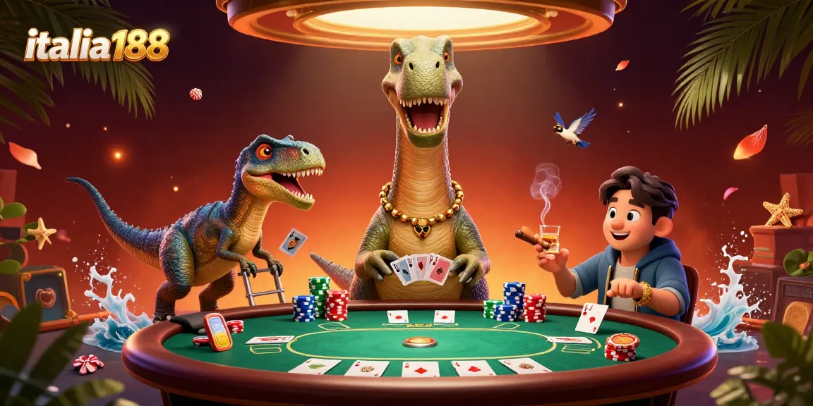 Bermain judi di italia188 dengan ilustrasi tinggi dinosaurus di kasino dan kartu poker.