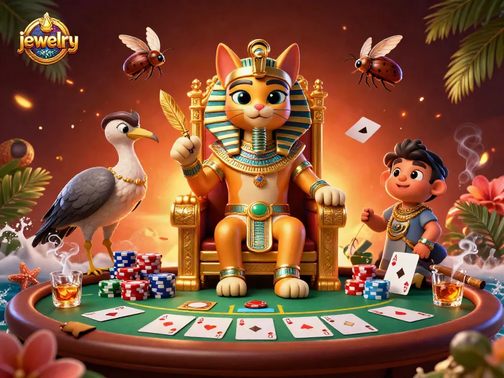 Engaging jewelry scene capturing a pharaoh cat playing poker with vibrant stacks of chips and cards.