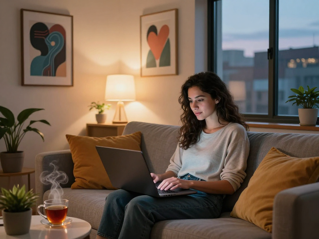 Engaging video call scene with an AI girlfriend in a cozy urban apartment, showcasing modern relationship dynamics.