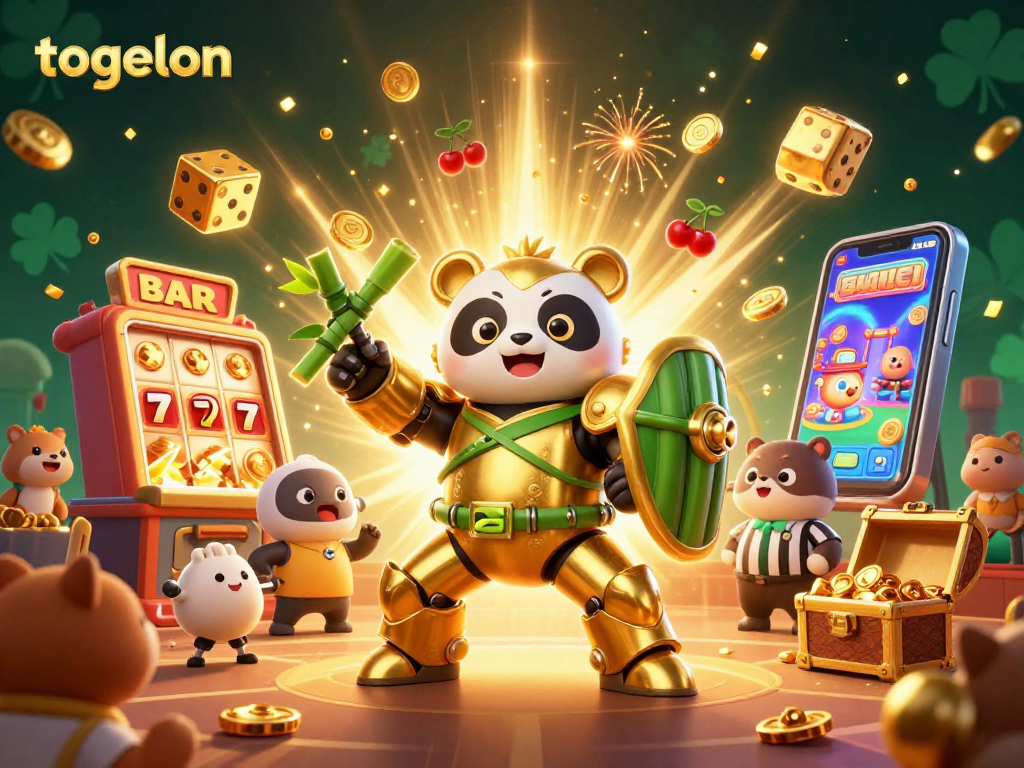 Engage with togelon in action-packed gaming, as vibrant symbols burst from the slot machine amidst cheering characters.