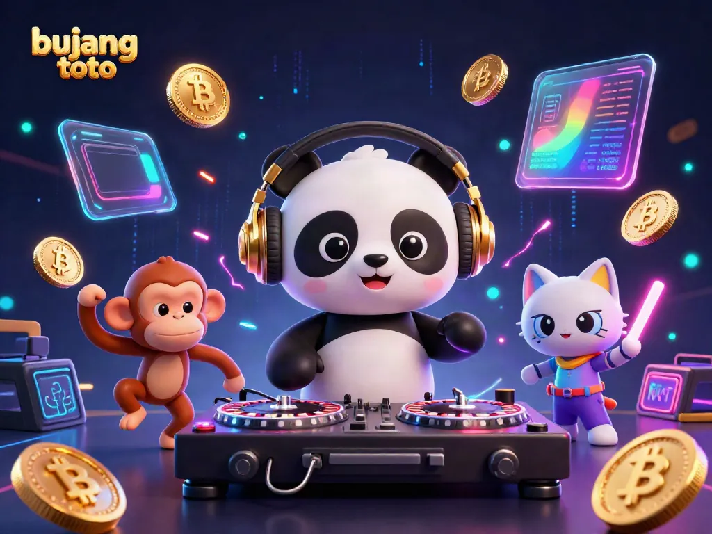 Experience the vibrant energy of bujang toto with an animated DJ panda, a dancing monkey, and a rave kitten in this casino-themed digital illustration.