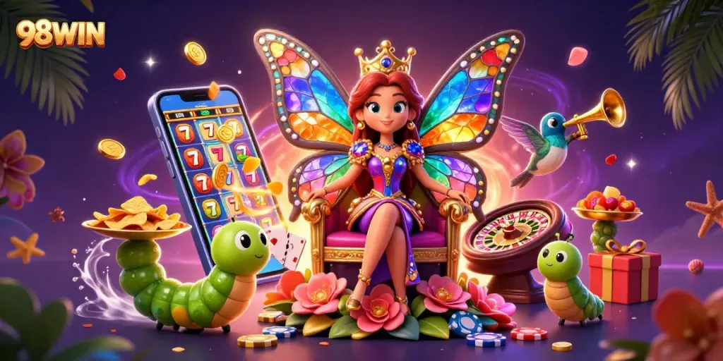 Experience 98WIN's enchanting world with vibrant casino elements and playful characters in a 3D illustration.