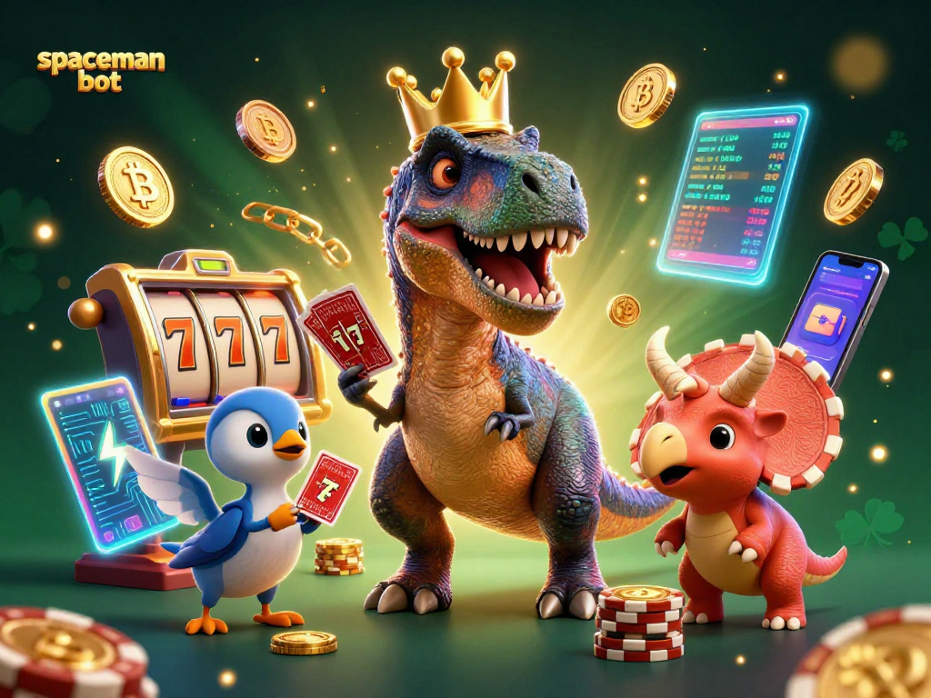 Engage with the spaceman bot through a dynamic scene featuring cards, coins, and golden chips in a casino setting.